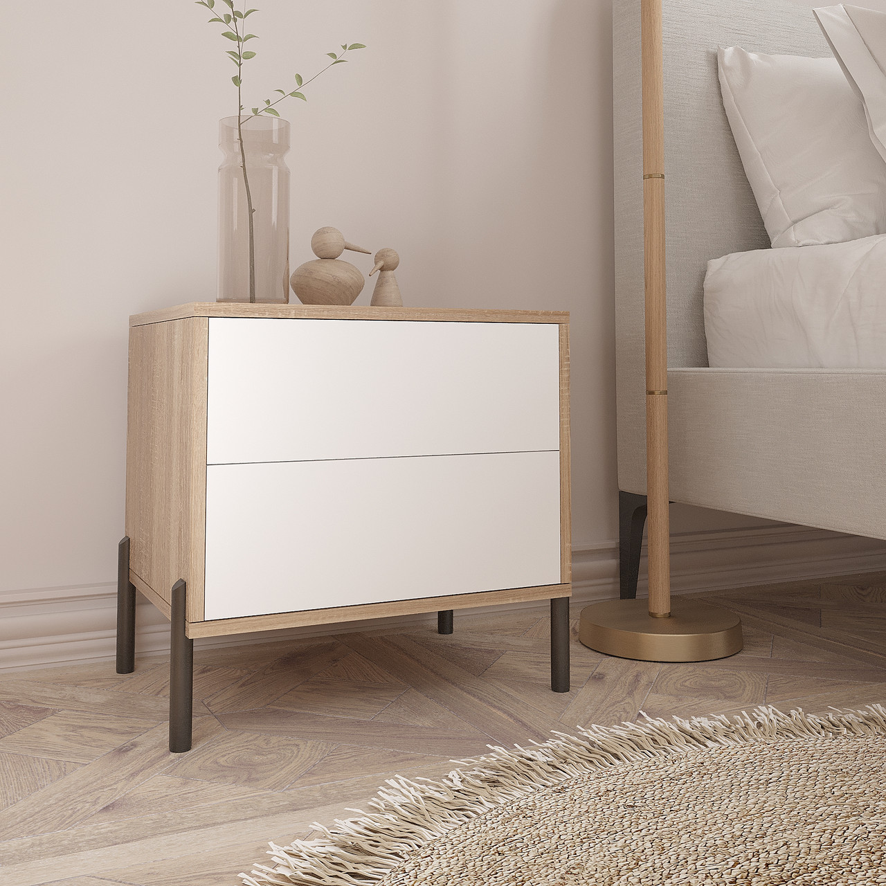 Приліжкова тумба Норді на металевих ніжках 500х500х400мм Дуб Сонома/Білий, фото 1