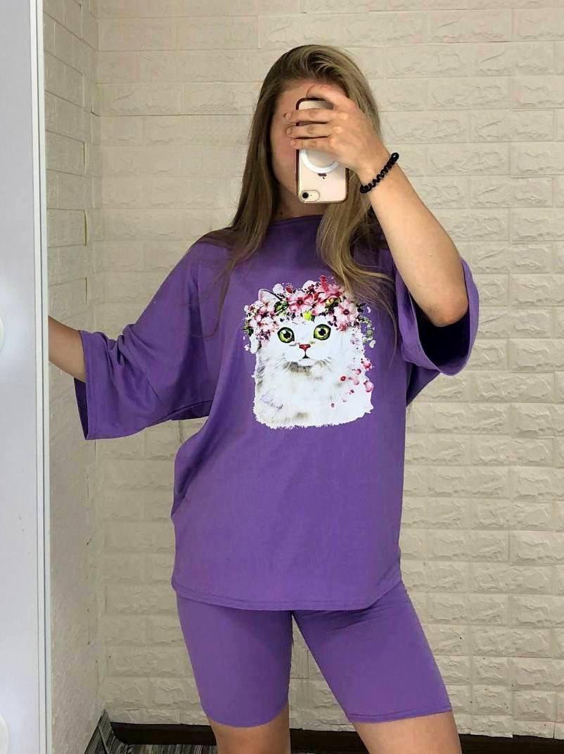 Жіночий костюм: вільна футболка та велосипедки з котиком, розмір 42\44, фото 1