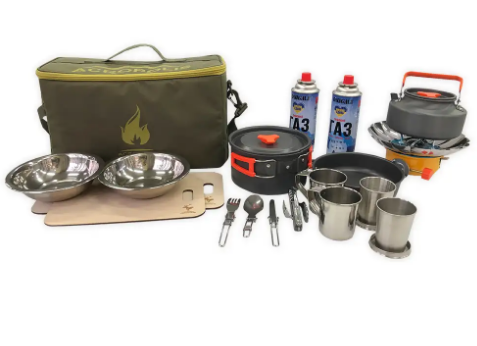 Набір туристичний для пікніка сумка з посудом, приладами, чайником, казанком, сковородою, газовою плитою, фото 1