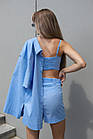 Жіночий літній костюм трійка лляний Сорочка + Шорти + Топ блакитний Комплект на літо з льону, фото 2