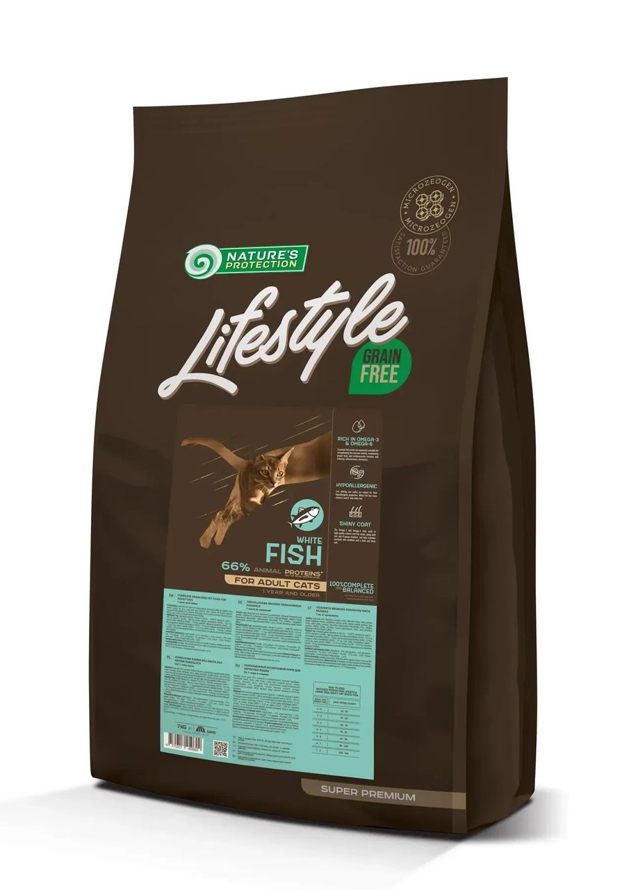 Сухий беззерновий корм для дорослих котів із білою рибою Nature's Protection Lifestyle Grain Free 7 кг