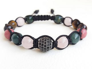 Браслет шамбала Рожевий кварц Моховий агат Родоніт Гранат Тигрове око d 8мм