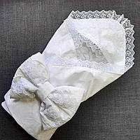 Літній конверт на виписку з пологового будинку білий бавовняний із капюшоном