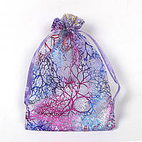 Мішечок подарунковий фіолетовий органза різнобарвний візерунок розмір 9/12 см із затяжками в пакованні 100 штук