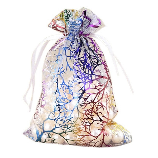 Мішечки для подарунків білий органза різнобарвний візерунок розмір 9/12 см із затяжками в пакованні 100 штук - фото 1 - id-p1708023972