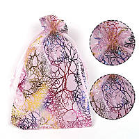 Мішечки для подарунків ніжно-рожевий органза різнобарвний візерунок розмір 9/12 см із затяжками в пакованні 100 штук