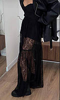 Трендовая женская юбка макси свободного кроя на резинке с высокой посадкой из кружева белая черная 42-46