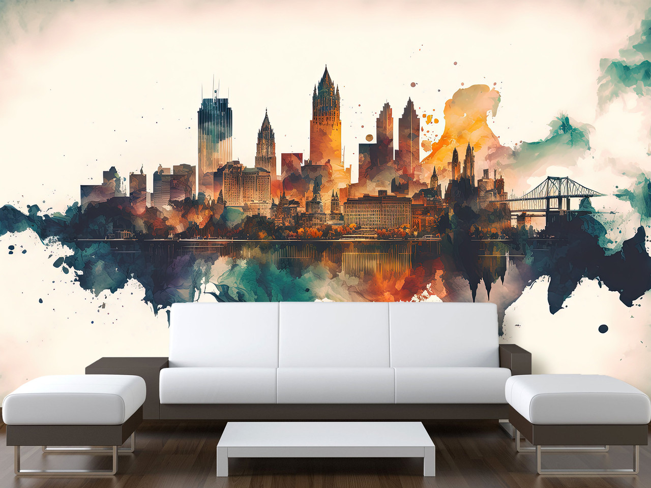 Самоклеюча плівка Oracal на стіну «Місто в акварелі», декор для спальні, вітальні, офісу, фото 1