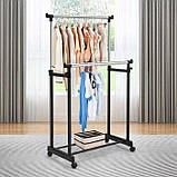 Вішалка для одягу телескопічна дворівнева на коліщатках 68×28×137 см, підлогова пересувна вішалка-стійка, DP-15, фото 7