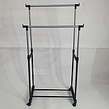 Вішалка для одягу телескопічна дворівнева на коліщатках 68×28×137 см, підлогова пересувна вішалка-стійка, DP-15, фото 2