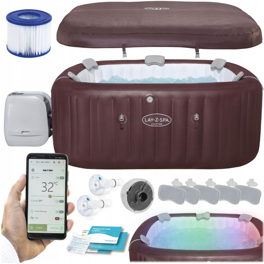 Надувний джакузі СПА Bestway 6001U Lay-Z-Spa Maldives 201x201х80 см, Wi-fi, 7 місць, 1325 л/г, гідро, аеро, led