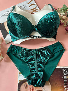Велюровий комплект жіночої нижньої білизни на 2 розмір смарагдовий
