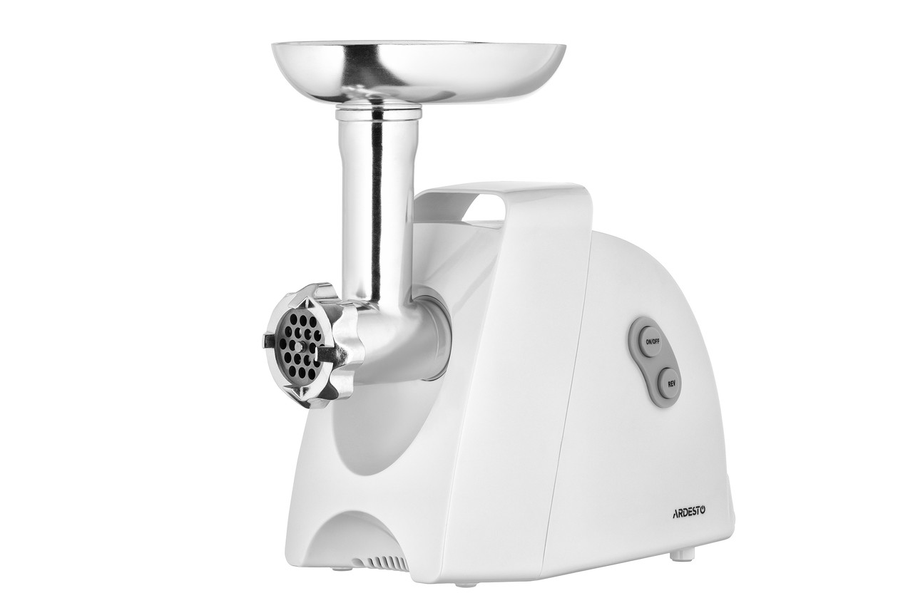 ARDESTO М'ясорубка, 1900Вт, 1.8кг/хв, 3 решітки, насадка для ковбас, кеббе, 4 терки, пластик, білий, фото 1