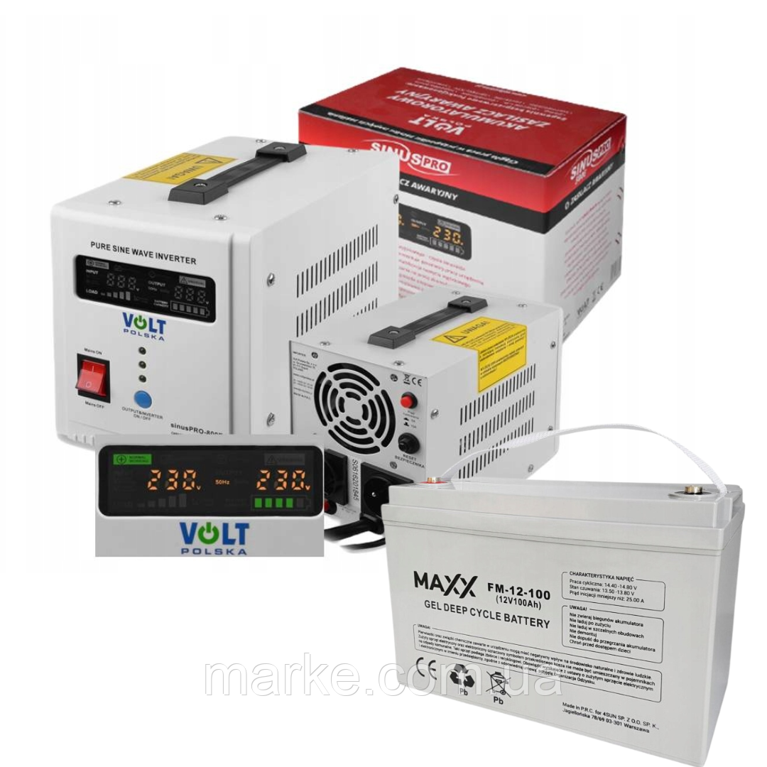 Аварійний комплект Volt Polska SINUS PRO 500 E 12/230V 350/500W + 4SUN MAXX GEL DEEP CYCLE 100Ah 12V (mrk)