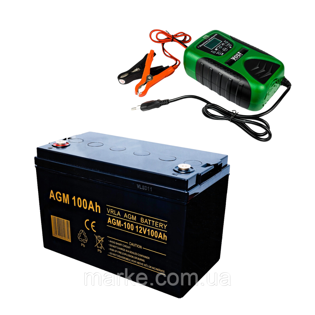 Акумулятор VOLT AGM VRLA 100Ah 12V + Зарядний пристрій Volt Polska 12V 8A LCD (mrk)