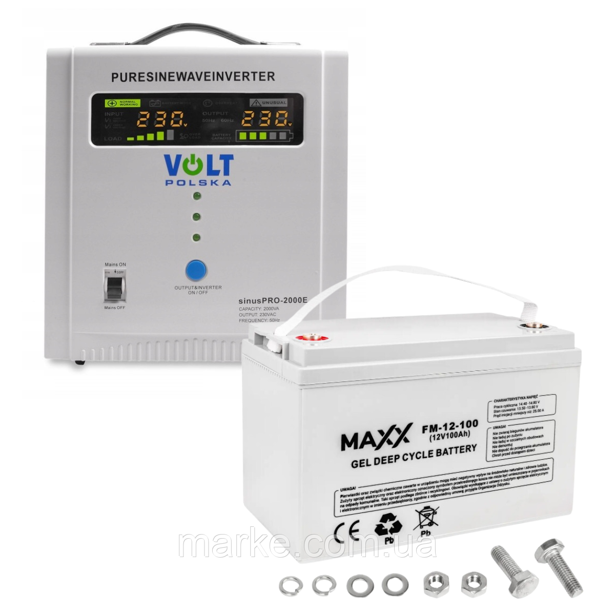 Комплект Volt Polska SINUS PRO 2000E 12/230V 1250/2000W + Акумулятор гелевий 4SUN MAXX GEL 100 Ah (mrk)