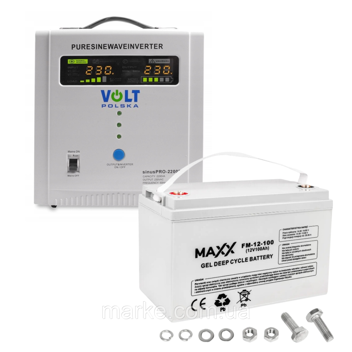 Комплект Volt Polska SINUS PRO 2200E 12/230V 1600/2200W + Акумулятор гелевий 4SUN MAXX GEL 100 Ah (mrk)