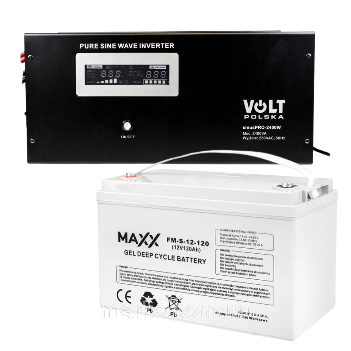 Комплект Volt Polska SINUS PRO 2400W 12/230V 1600/2400W + Акумулятор гелевий 4SUN MAXX GEL 120 Ah (mrk)