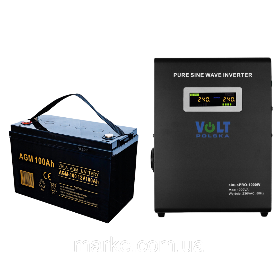 Комплект Volt Polska SINUS PRO 800 W 12/230V 500/800W + Акумулятор VOLT AGM VRLA 100Ah 12V (mrk)