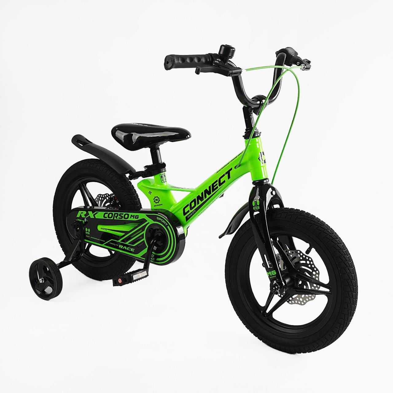 Велосипед 14" дюймів 2-х колісний Corso «CONNECT» MG-14155 МАГНІЄВА РАМА, ЛИТІ ДИСКИ, ДИСКОВІ ГАЛЬМА, зібран на 75%