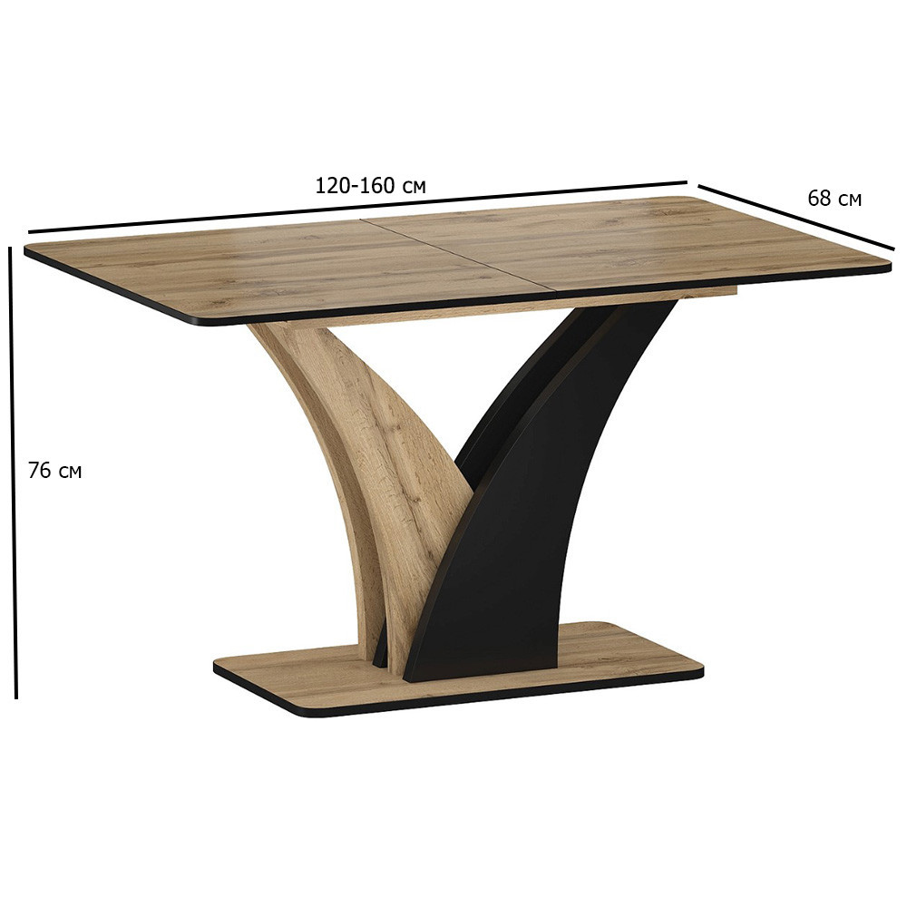 Обідній стіл кольору дуб артисан Vento 120-160х68 см із чорною вставкою на одній опорі у вітальню, фото 1