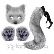 Комплект для квадробики 3 в 1 Кошеня маска рукавички хвостик Grey, One Size Білий