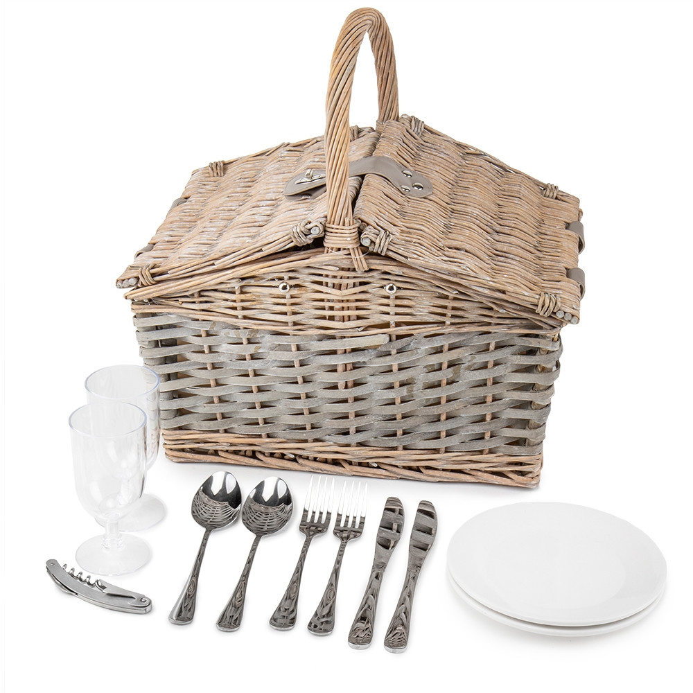 Кошик плетений для пікніка "Прогулянка" місткий з набором посуду на 2 персони та аксесуарами, фото 1