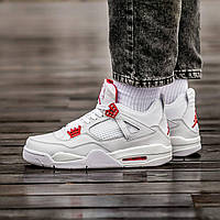 Демісезонні Білі шкіряні чоловічі кросівки Nike Air Jordan Retro 4 White Metallic Red Найк аїр Джордан 4