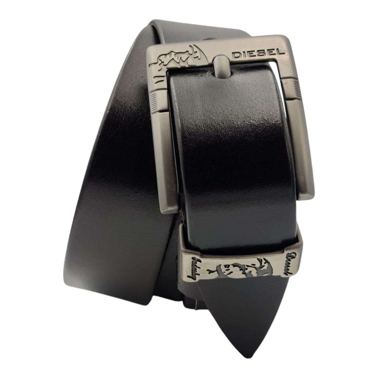 Ремінь чоловічий джинсовий шкіряний гладкий з написом бренду на пряжці, 40 мм