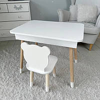 Дитячий столик і стільчик ведмедик білий. Столик із шухлядою для приладдя і розмальовок