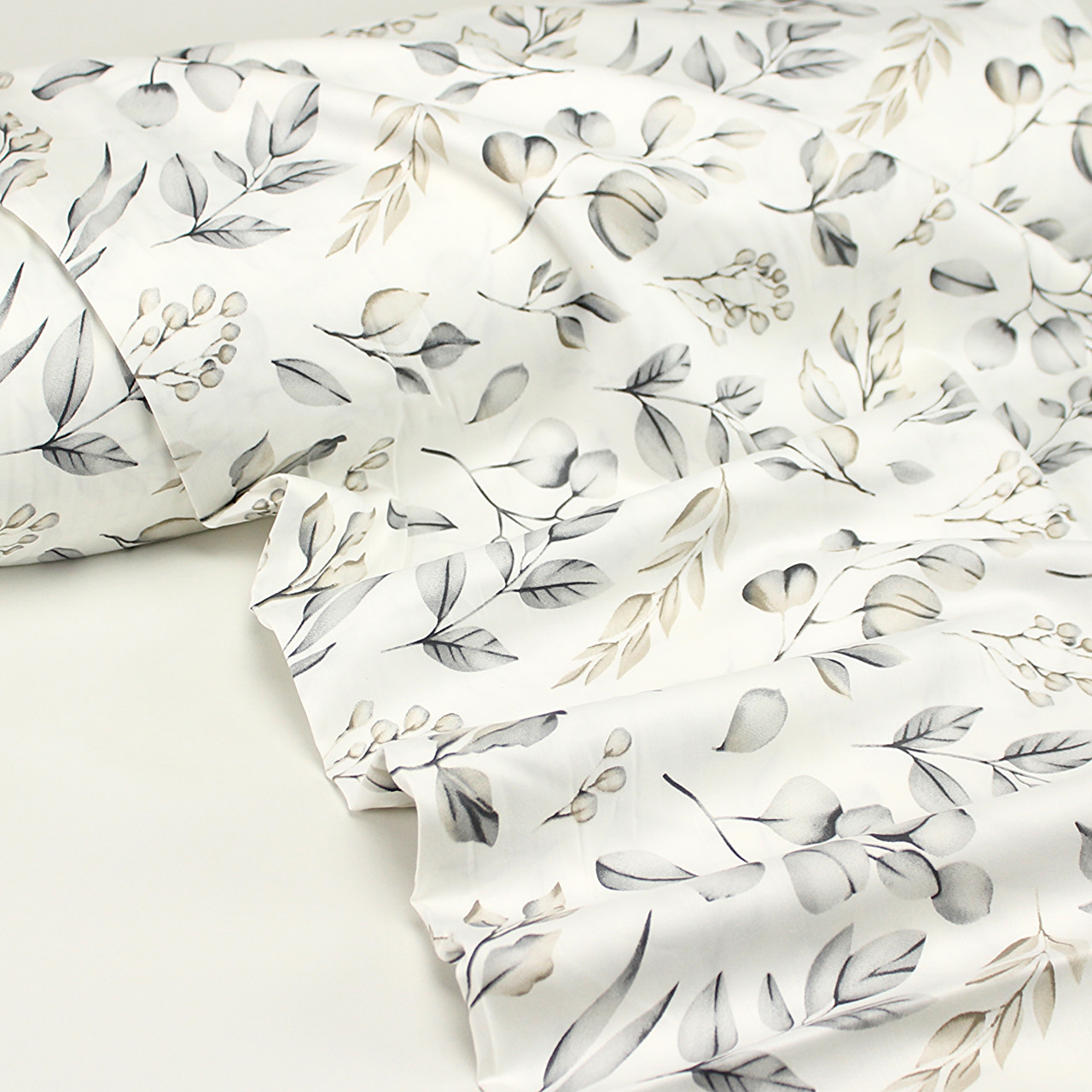 Сатин digital, ширина 240 см "Гілочки евкаліпта" сірі та бежеві на білому № F-3450, фото 1