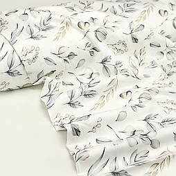 Сатин digital, ширина 240 см "Гілочки евкаліпта" сірі та бежеві на білому № F-3450