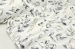 Сатин digital, ширина 240 см "Гілочки евкаліпта" сірі та бежеві на білому № F-3450, фото 2