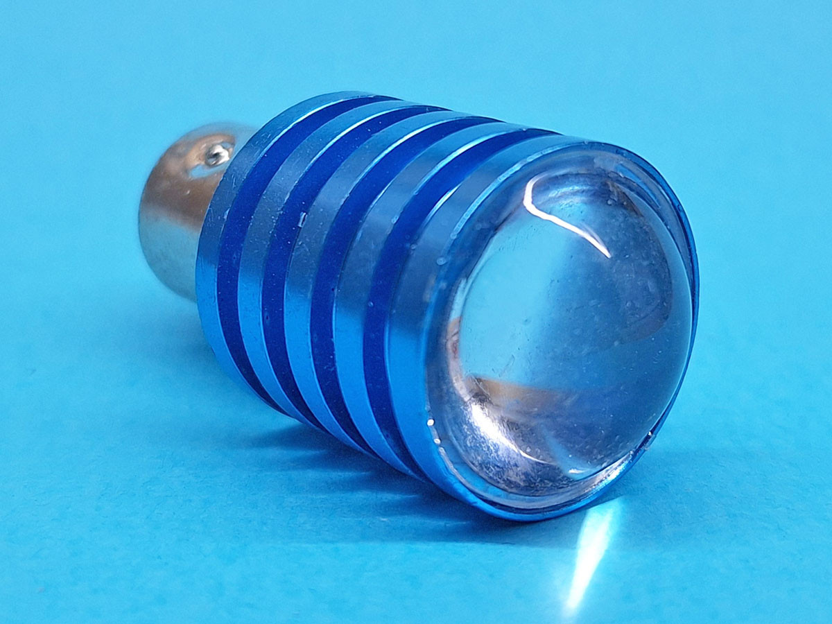 Світлодіодна лампа P21/5W BAY15D 12V CREE WHITE з лінзою, синій радіатор 23мм, 2 контакта
