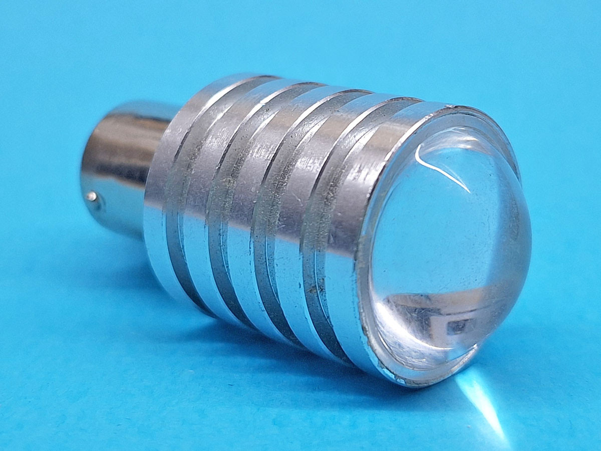 Світлодіодна лампа P21W BA15S 12V 2LED HP 5W WHITE з лінзою, сріблястий радіатор 23мм, 1 контакт