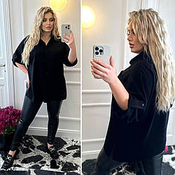 Стильна льняна базова блузка сорочка на ґудзиках з підігнутим рукавом, батал великі розміри