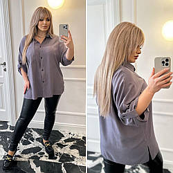 Стильна льняна базова блузка сорочка на ґудзиках з підігнутим рукавом, батал великі розміри