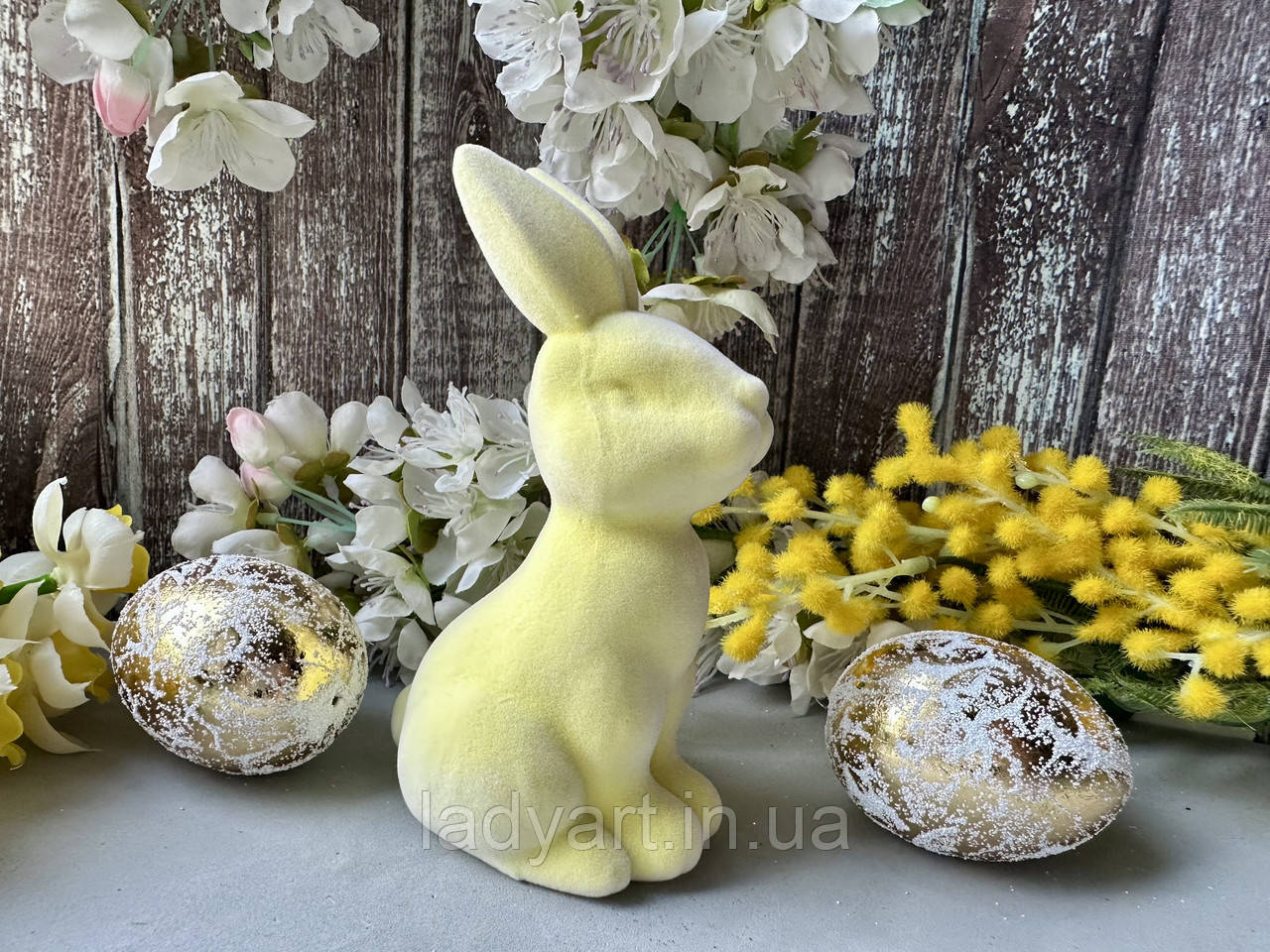 Великодній декор "Кролик оксамит ніжно-жовтий" 14 см, фото 1