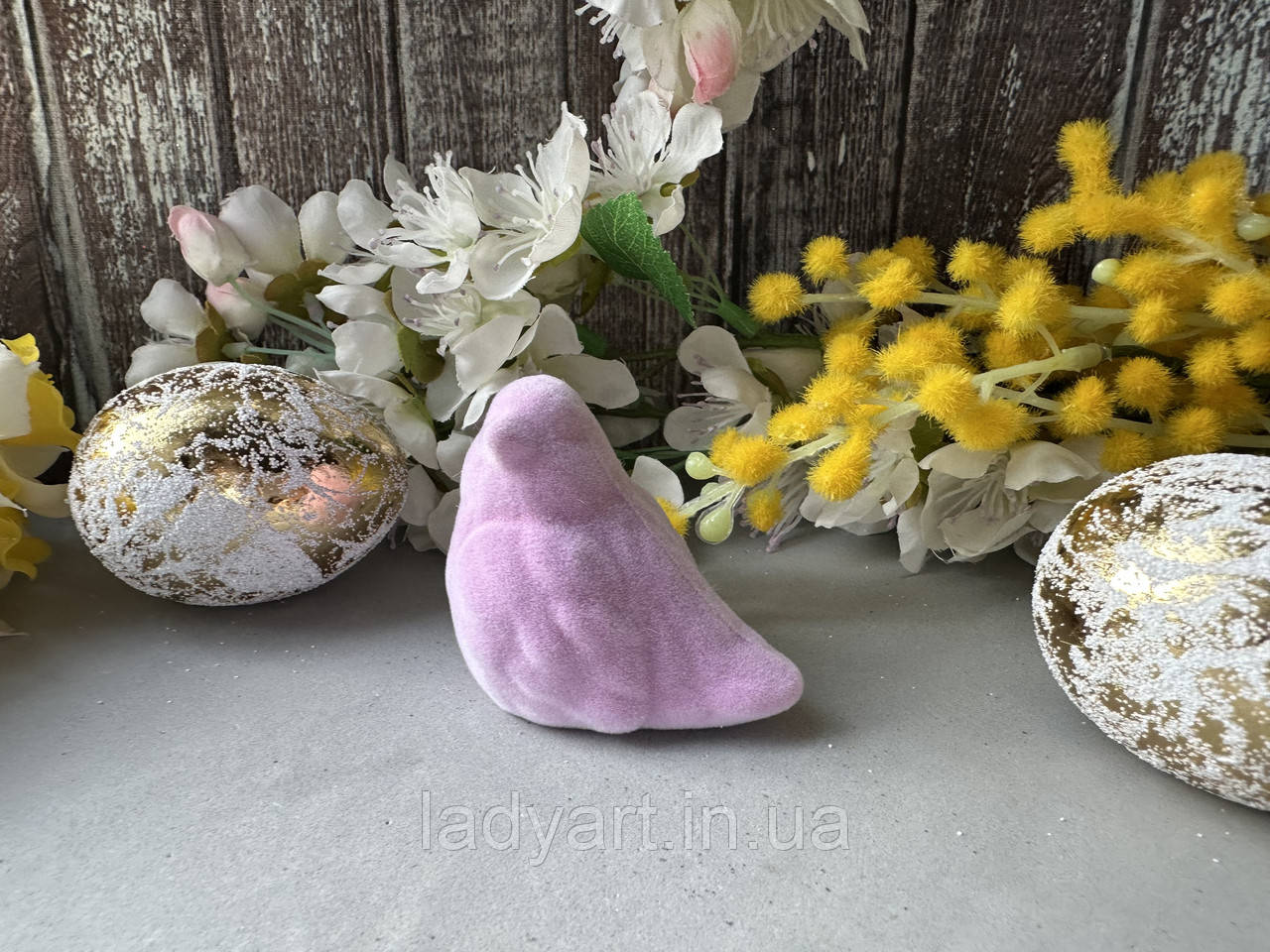 Пташка для декору з пластику оксамит 1 шт/уп., 5 х 5,5 см, бузкового кольору, фото 1