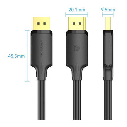 Кабель Vention DisplayPort-DisplayPort v1.2 4K 60Hz 2K 144Hz 1080P 240Hz 21.6Gbps PVC 2m Black (HAKBH), фото 2