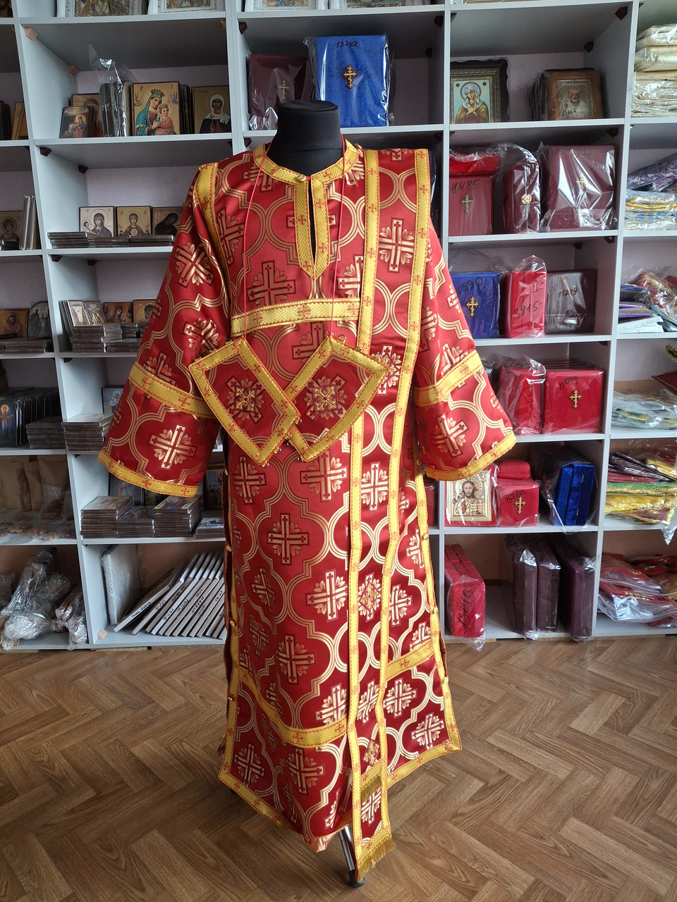 Стихар дияконський, з одинарним орарем та поручами (червоний з золотим колір, парча), фото 1