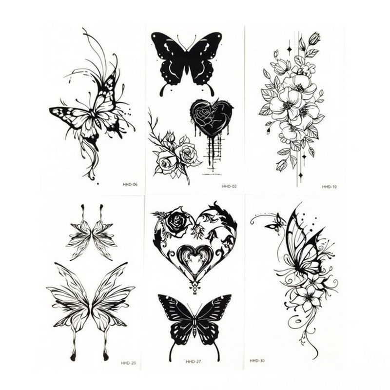 Набір тимчасових тату "Метелики та квіти №2" black-tattoo-mini-set-f02 із 6 чорних по 9,5 х 5,5 см, фото 1