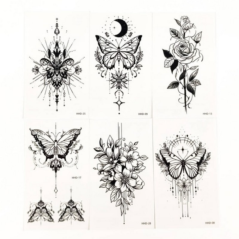 Набір тимчасових тату "Метелики та квіти №3" black-tattoo-mini-set-f03 із 6 чорних по 9,5 х 5,5 см, фото 1