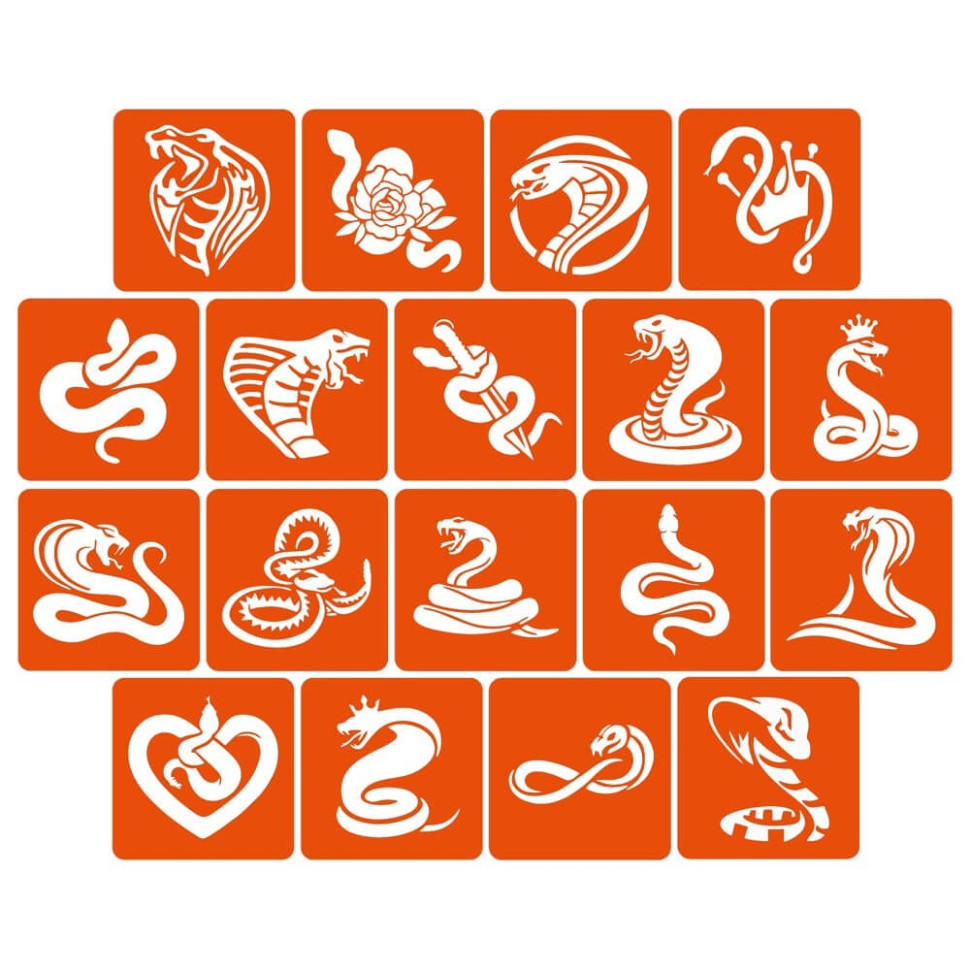 Набір трафаретів для біо-тату "Змії" snakes_5x5_18_1, 5х5 см 18 простих трафаретів, фото 1