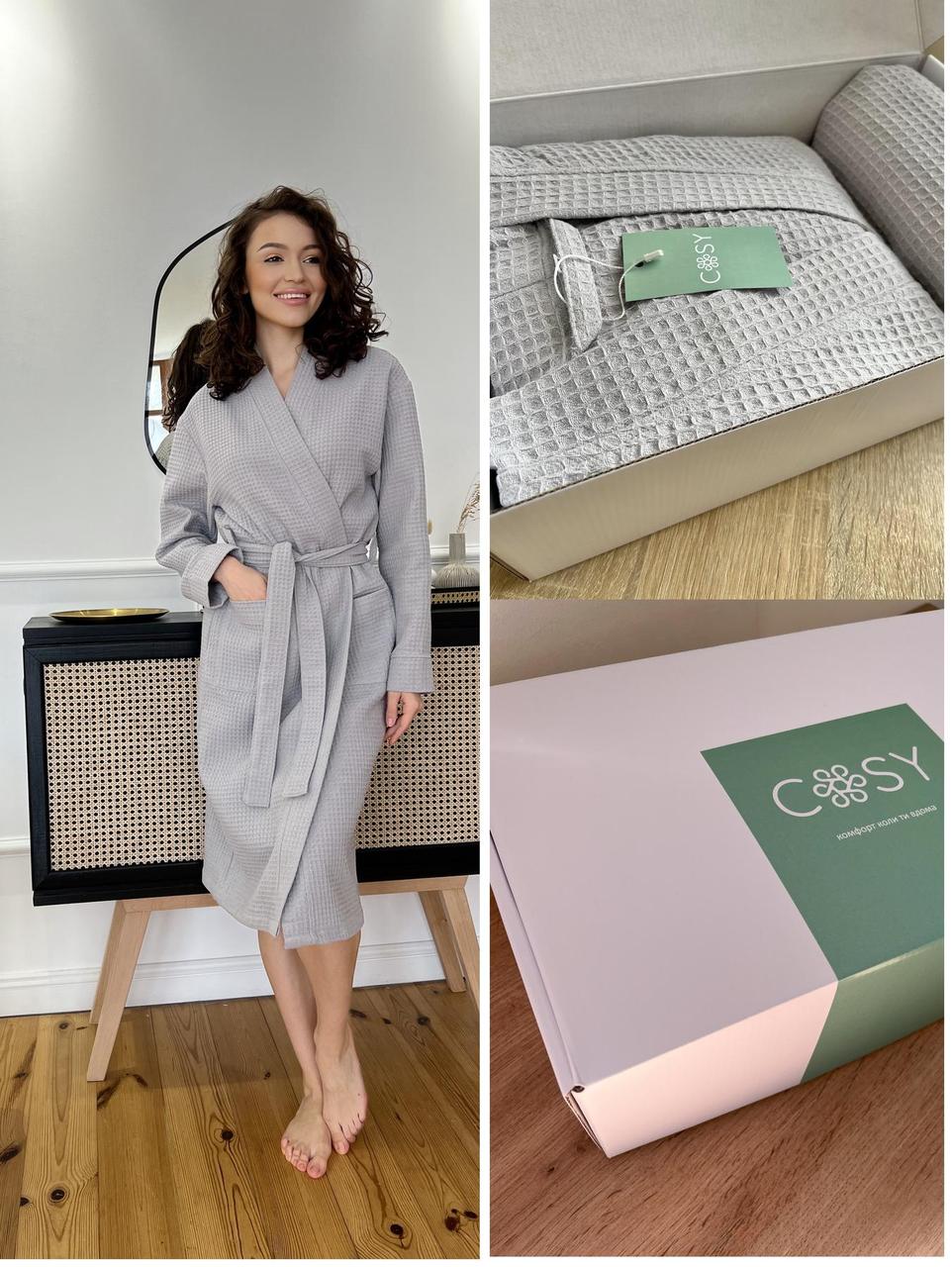 Жіночий подарунковий набір вафельний халат+ рушник, сірий. .Топ!, фото 1