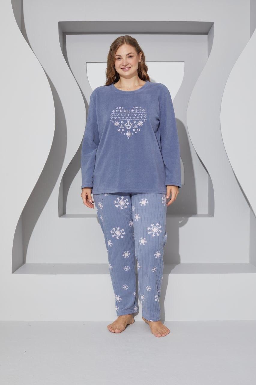 Жіноча тепла піжама блакитна з флісу полар батал, Сніжинка .Топ!, фото 1
