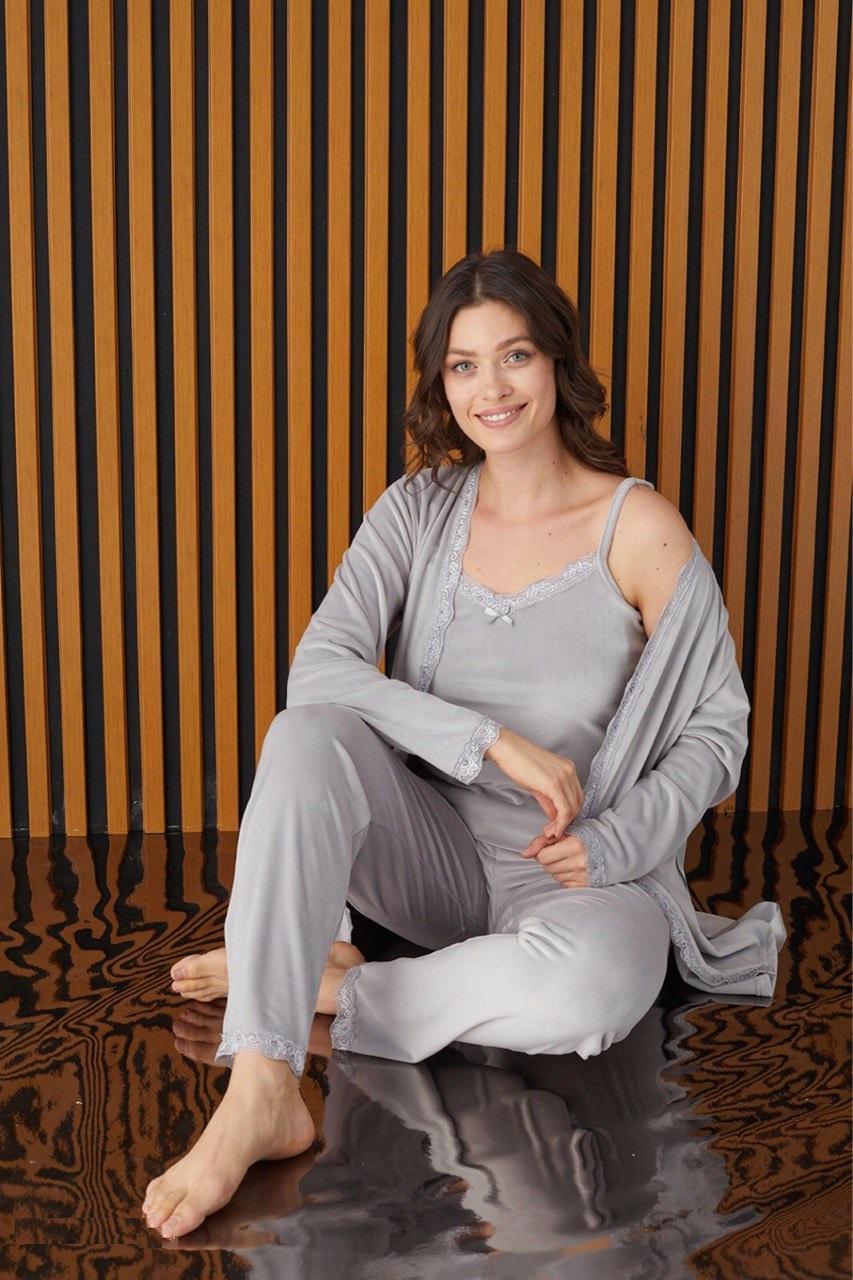 Жіночий велюровий комплект 3-ка з мереживом сірий .Топ!, фото 1