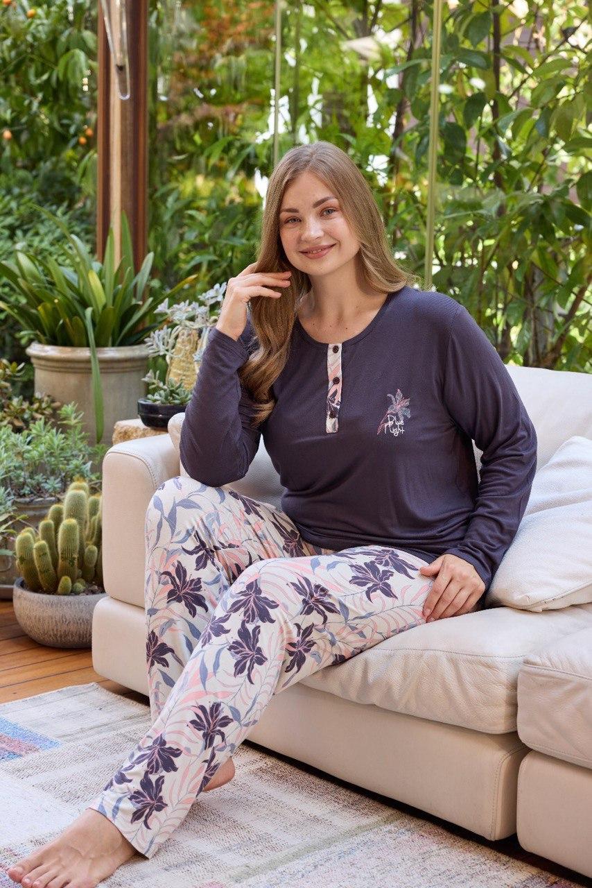 Жіноча піжама батал з віскози темно-синя, Квітка .Топ!, фото 1