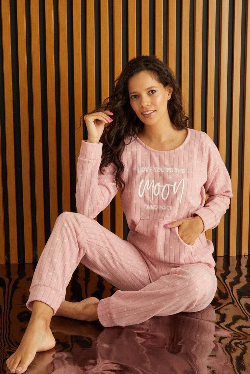 Жіноча тепла піжама з флісу полар з написом темна-пудра, Love You .Топ!, фото 1