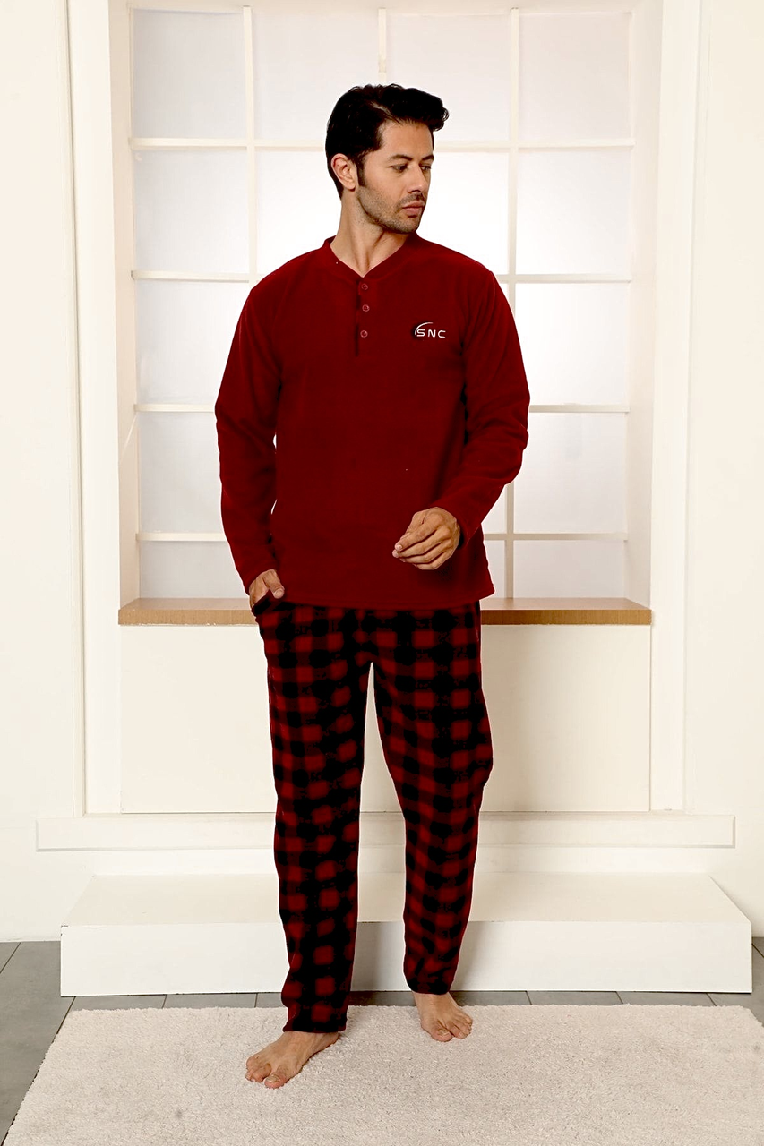 Чоловіча тепла піжама з флісу полар колір кофти бургунді та штани в клітину .Топ!, фото 1
